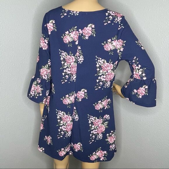 NWT Hot Gal 3/4 Sleeve Floral Mini Dress Navy Blue With Pink White Flowers Large - Picture 6 of 11